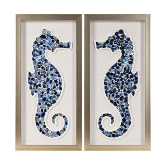 American Art Decor 18" x 9" Blue Coastal Seahorse Shadowbox Wall Art Sea Glass & Shell Wall Art Décor Set
